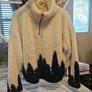 Thread & Supply Cream Teddy Jacket with Black Scenic Hem